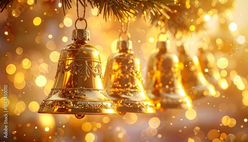 Close-up of gold bells, adorned with festive details, hanging from a pine branch against a warm bokeh background