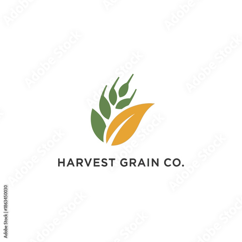 A minimalist logo for Harvest Grain Co. featuring a stylized green grain stalk and a golden leaf on a white background.