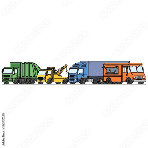 Illustration of assorted vehicles including garbage truck, crane truck, and moving truck in a row, 