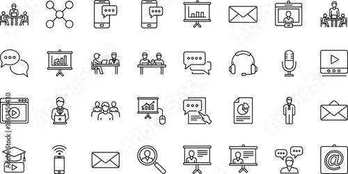 Minimal outline communication and online meeting icons set, messaging presentation video education business symbols, modern thin line vector illustration collection