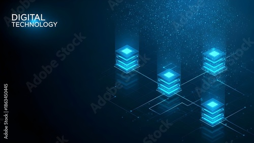 Abstract cloud, AI blockchain infrastructure concept. Futuristic blue background, Isometric data technology network 3D vector illustration with digital server platforms and cubes connected by lines.ai