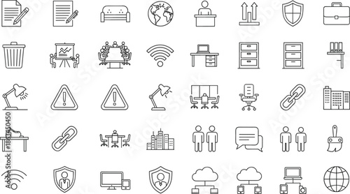 Minimal outline business office icons set, workspace technology communication security network management symbols, modern thin line vector illustration collection design