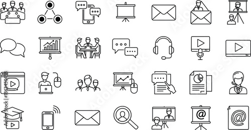 Minimal outline communication media and presentation icons set, online meeting messaging video education symbols, modern thin line vector illustration