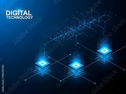 Abstract cloud, AI blockchain infrastructure concept. Futuristic blue background, Isometric data technology network 3D vector illustration with digital server platforms and cubes connected by lines.ai
