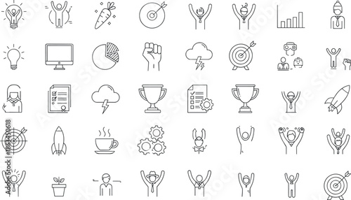 Minimal outline success motivation and achievement icons set, business growth target innovation progress symbols, modern thin line vector illustration