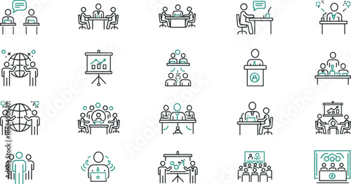Minimal outline teamwork meeting and presentation icons set, business communication leadership collaboration training symbols, modern thin line vector illustration