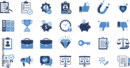 Modern flat business trust and quality icons set, approval finance security certification customer satisfaction symbols, clean professional vector illustration