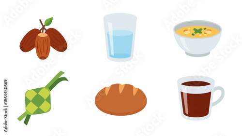 Ramadan iftar and suhoor food and drink collection dates, water, soup, traditional rice cake, bread, and warm beverage icons for breaking fast and morning meals