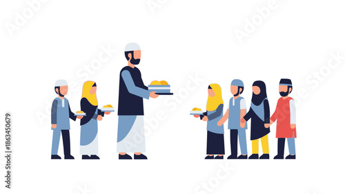 A heartwarming illustration of a Muslim man sharing food with children during Ramadan, emphasizing the spirit of generosity, community, and kindness during the holy month