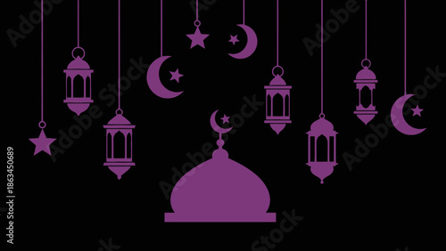 Beautiful Ramadan decorations featuring crescent moons, stars, and traditional lanterns hanging against a dark background, symbolizing the holy month