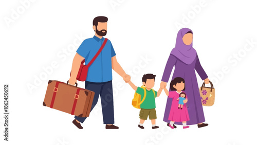 Happy Muslim family journeying together, preparing for a peaceful Ramadan celebration or holiday travel, embracing cultural traditions and togetherness in their spiritual voyage