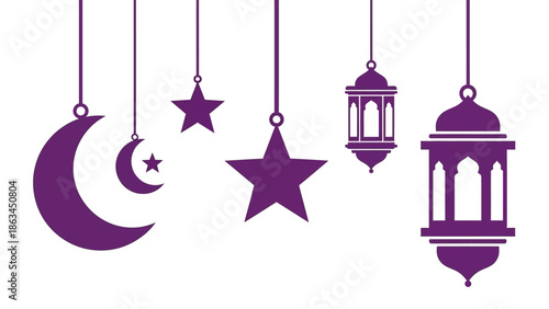 Purple Ramadan Lanterns and Moon with Stars Hanging Decoration, Islamic Holiday Celebration Graphic Illustration