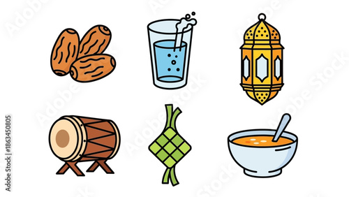 Ramadan Icons Dates, Water, Lantern, Drum, Ketupat, and Soup - Essential Elements for the Holy Month of Ramadan Celebration and Iftar