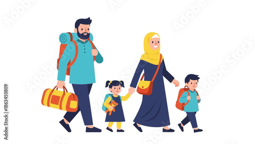 Muslim family with backpacks embarking on a journey during the holy month of Ramadan, ready for travel and adventure together