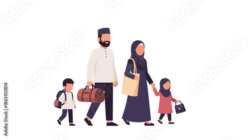 Happy Muslim family with children embarking on a memorable journey during the sacred time of Ramadan, showcasing togetherness and cultural observance. 