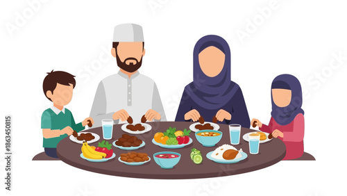 Happy Muslim Family Enjoying a Traditional Meal Together During Ramadan, Celebrating Iftar with Delicious Food and Joyful Gathering