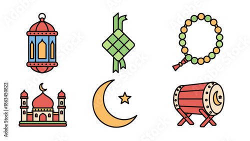 Vibrant collection of Islamic symbols and cultural elements in a colorful vector icon set, perfect for Ramadan and Eid al-Fitr celebrations, 