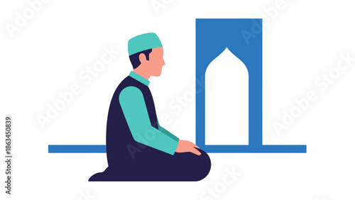 An evocative illustration capturing a Muslim man in a moment of deep spiritual reflection and sacred prayer during the holy month of ramadan