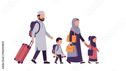 Muslim Family Traveling During Ramadan, Carrying Luggage and Backpacks with Children, Ready for a Journey or Holiday Celebration