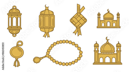 A collection of Islamic cultural symbols including lanterns, mosques, and prayer beads, perfect for Ramadan and Eid celebrations, representing faith and tradition