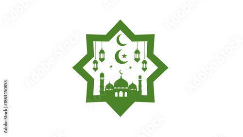 Islamic Cultural Elements and Ramadan Symbols A Mosque Silhouette with Crescent Moons and Lanterns Evoking a Festive Ramadan Atmosphere and Cultural Celebrations