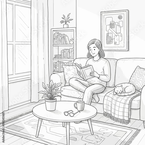 Cozy living room scene with woman reading book, cat sleeping, and bookshelf.