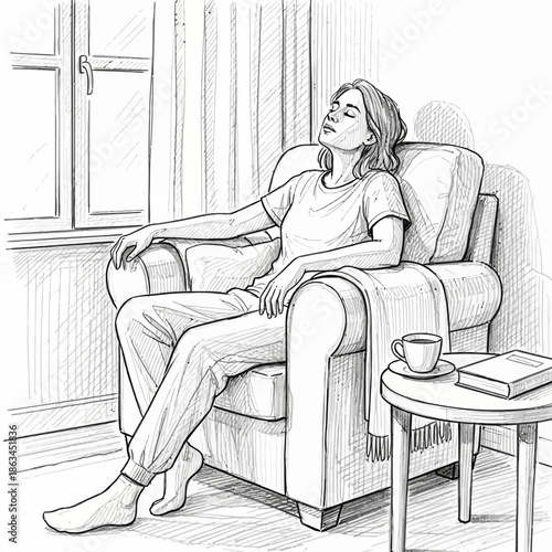 Relaxed Woman Sitting in Armchair by Window, Enjoying Peaceful Moment, Sketch Style