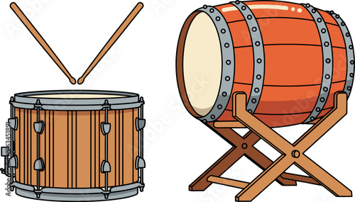 Set of Two Traditional Japanese Drums (Snare and Taiko) with Drumsticks in a Cultural Musical Instrument Vector Illustration.