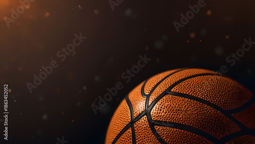 A basketball is positioned against a dark background with orange lighting athletic and professional. Sports concept 