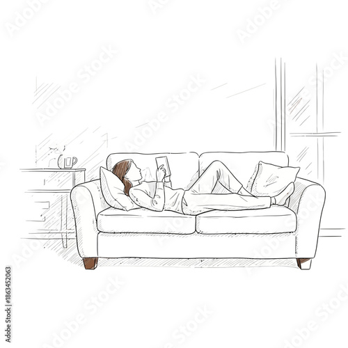 Woman relaxing on sofa reading e-book, sketch illustration, cozy lifestyle