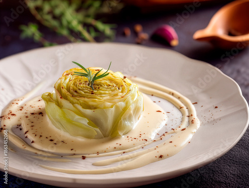 Cream of cabbage Alfredo soup, keto diet meal elegant restaurant dish