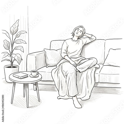 Woman Relaxing on Sofa with Book and Coffee, Cozy Home Illustration