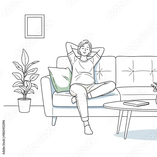 Woman Relaxing on Sofa with Hands Behind Head, Peaceful Home Scene