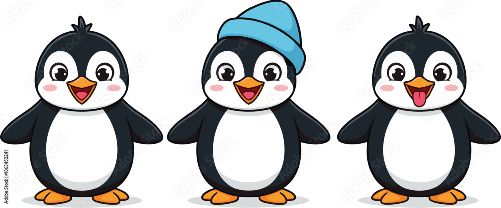 Fototapeta premium Set of Three Adorable Baby Cartoon Penguins, One Wearing a Blue Winter Beanie Hat, Ready for Cold Weather Vector Illustration.