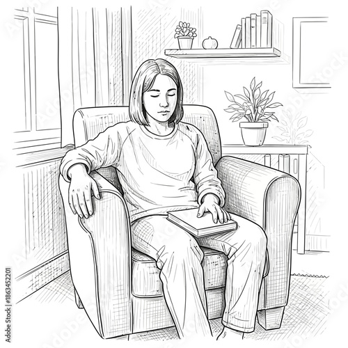 Young Woman Resting in Armchair with Book, Peaceful Moment, Sketch Style