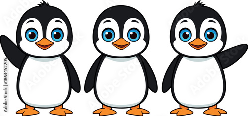 Set of Three Adorable Baby Cartoon Penguins with Bright Blue Eyes Standing and Waving Hello Vector Illustration.