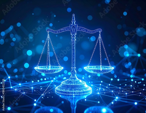 Digital justice concept, a balance scale rendered in blue light, interconnected with data nodes, set against bokeh