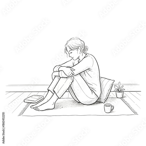 Young Woman Sitting Alone on Floor, Embracing Knees, Contemplative Mood, Minimalist Sketch