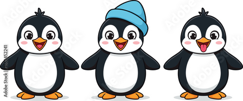 Set of Three Adorable Baby Cartoon Penguins, One Wearing a Blue Winter Beanie Hat, Ready for Cold Weather Vector Illustration.