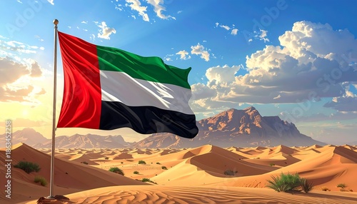 Digital art shows the vibrantly colored national flag waving in the wind. It's against a picturesque desert landscape with billowing dunes and mountains