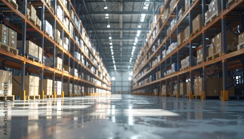 Expansive interior shot showcasing towering shelving units filled with boxes, illuminated by bright overhead lights. The floor reflects the light