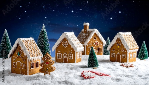 Festive village of gingerbread houses and snow-covered terrain under a starry night sky with candy cane