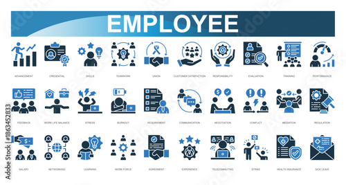 Employee Icon set. Vector illustration. Advancement, Credential, Skills, Teamwork, Union, Customer Satisfaction, Responsibility, Evaluation, Training, Performance. Vector illustration