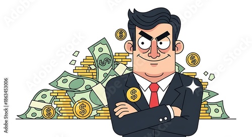 A cartoon man in a suit with a cunning smile stands confidently in front of a large stack of dollar bills and gold coins, symbolizing wealth and success.