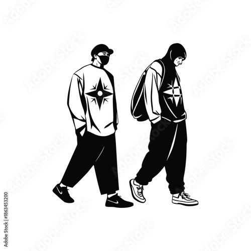 Black and white illustration of a man walking in a vintage ink style vector