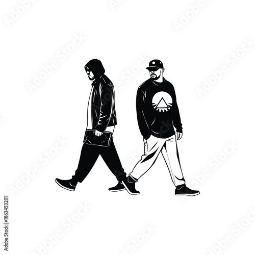 Black and white illustration of a man walking in a vintage ink style vector