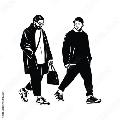 Black and white illustration of a man walking in a vintage ink style vector