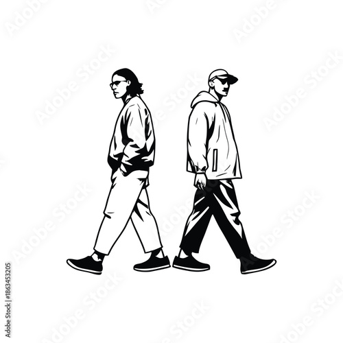 Black and white illustration of a man walking in a vintage ink style vector