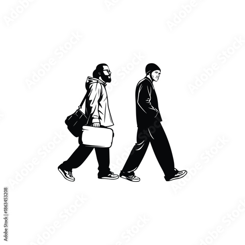 Black and white illustration of a man walking in a vintage ink style vector
