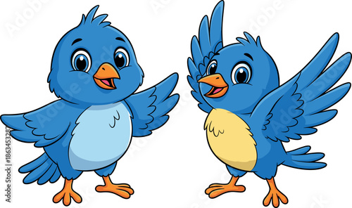 Two Cute Cartoon Blue Bird Characters with Yellow and White Chests, Happy Songbird Mascot Vector Illustration Set for Kids.